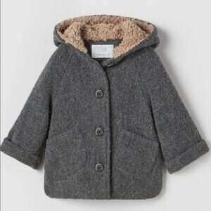 Zara 4-5 Years Fleece Lined Wool Blend Pea Coat Gray Grey Button Front Hooded